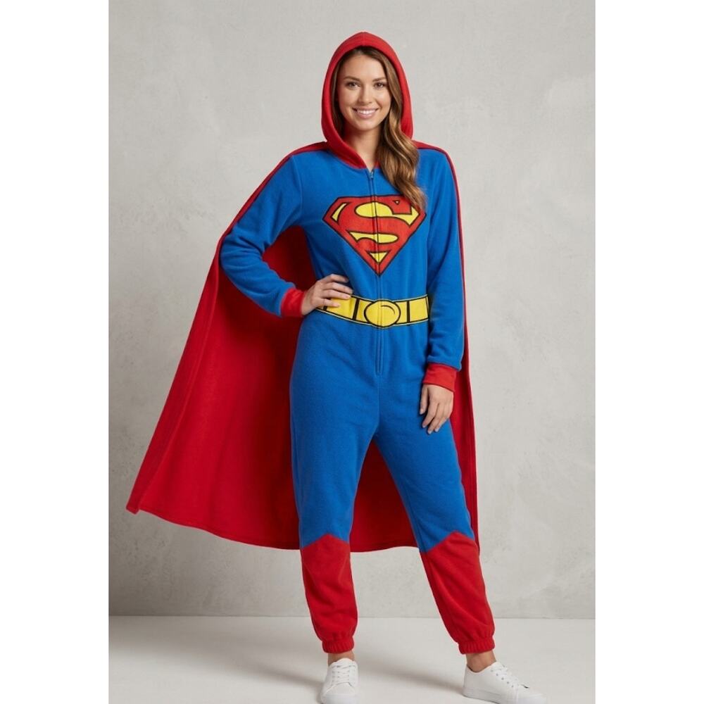 NWT DC Comics Superman Halloween Costume Hooded Jumpsuit Cape & Belt Womens M
